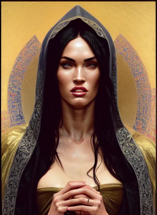 Image similar to portrait of megan fox as a sultry nun, catholic, church, bible, christian, intricate, headshot, highly detailed, digital painting, artstation, concept art, sharp focus, cinematic lighting, illustration, art by artgerm and greg rutkowski, alphonse mucha, cgsociety