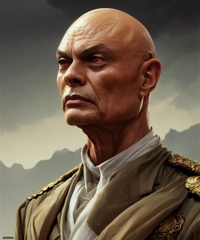 Image similar to Yul Brynner as a very angry bald general, portrait, intricate, elegant, highly detailed, digital painting, artstation, concept art, smooth, sharp focus, illustration, art by artgerm and greg rutkowski and alphonse mucha