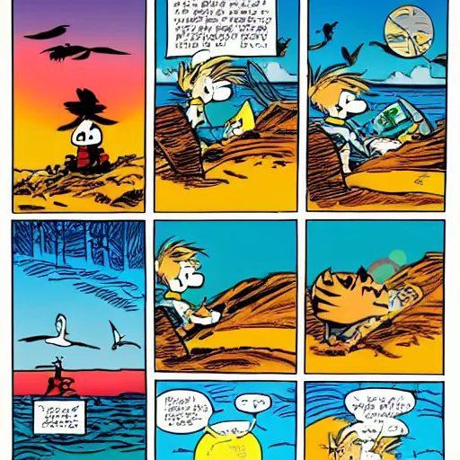 Prompt: Calvin and Hobbes reading colorful comic books on a boat in the ocean, with seagulls and sunset in the background, Mobius