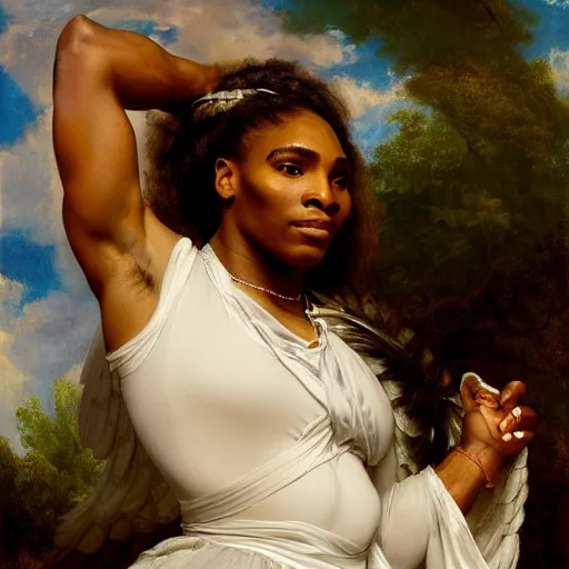 Image similar to Portrait of Serena Williams as Nike Goddess, large wings, luxuriant, dreamy, eternity, romantic, strong pose, highly detailed, in the style of Franz Xaver Winterhalter, highly detailed, in the style of Aetherpunk