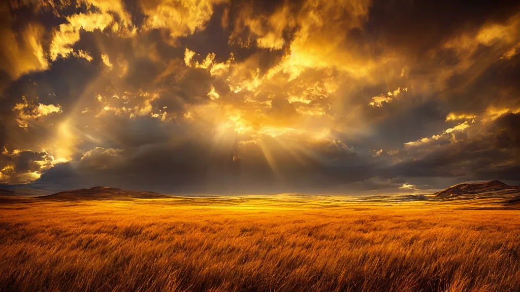 Prompt: amazing landscape photo of golden grasslands by marc adamus, beautiful dramatic lighting