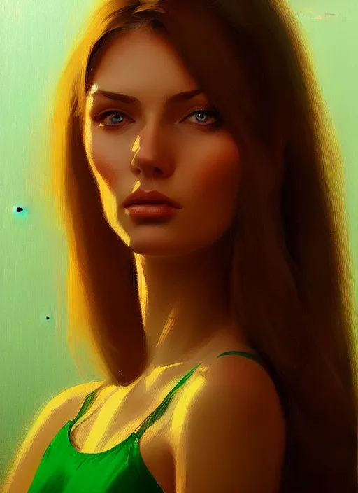 Image similar to portrait of a gorgeous young woman in the style of stefan kostic, green eyes, long brown hair, artstation, concept art