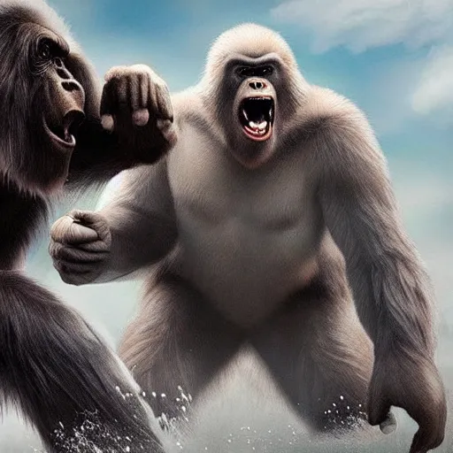 Image similar to a high detailed realistic photo of a yeti and sasquatch battling king kong
