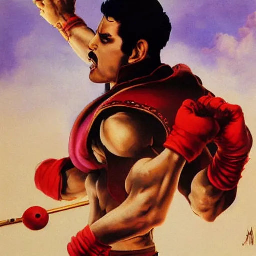 Image similar to freddy mercury as ryu from street fighter, painting by frank frazetta, 4 k, ultra realistic, highly detailed,