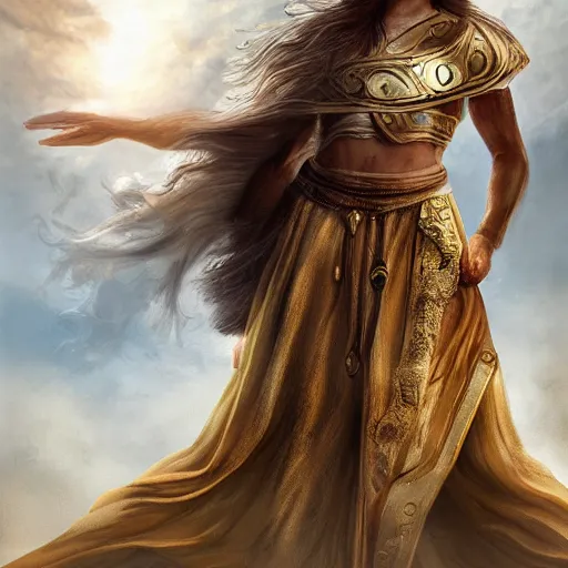 Image similar to Emma Watson as ancient greek woman in golden helmet standing on giant grey-haired bearded male face in the sky, epic fantasy style art, fantasy epic digital art