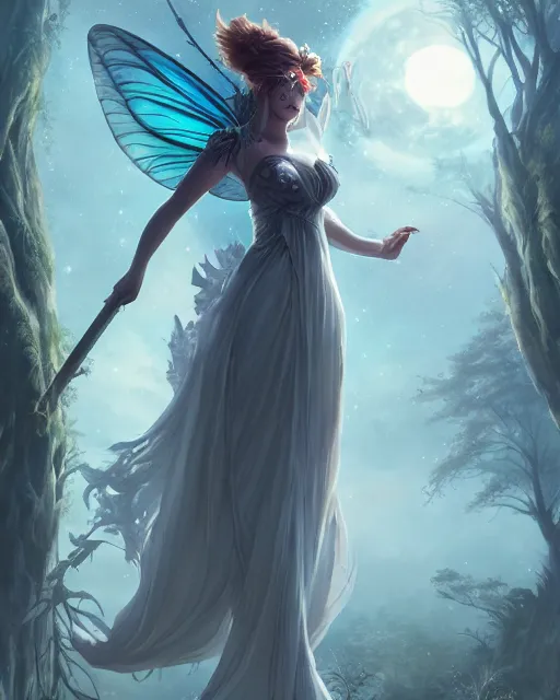 Image similar to attractive fairy goddness fly high in the night, d & d, fantasy, mist, full moon in background, trees, hyper detailed, art by artgerm and greg rutkowski and magali villeneuve, midium shot, 8 k realistic, cryengine, digital painting, trending on artstation, concept art, sharp focus, illustration,