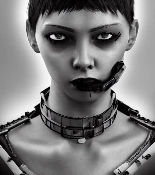 Image similar to detailed realistic female character cyberpunk wearing thick steel collar around neck, realistic, art, beautiful, 4K, collar, choker, collar around neck, punk, artstation, detailed, female, woman, choker, cyberpunk, neon, punk, collar, choker, collar around neck, thick collar, tight around neck, punk,