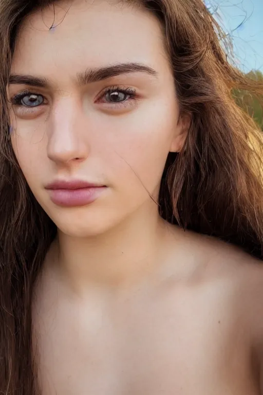 Image similar to 2 4 year old symmetrical female wearing white v - neck top, neck zoomed in from lips down, photo realistic, extreme detail skin, no filter, slr, golden hour, 4 k, high definition, photograph, selfie