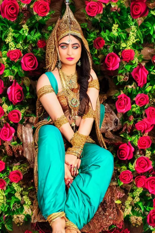 Prompt: Professional photograph of a voluptuous South Asian elven goddess of jewellery and roses, fully clothed