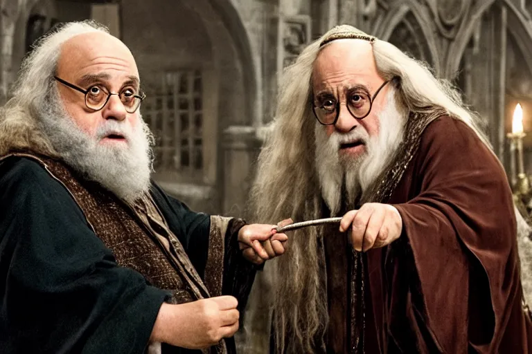 Image similar to film still of Danny DeVito as Albus Dumbledore in Harry Potter