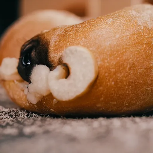 Image similar to photo of cute dog eating bagles from mesh bag, shallow depth of field, cinematic, 8 0 mm, f 1. 8