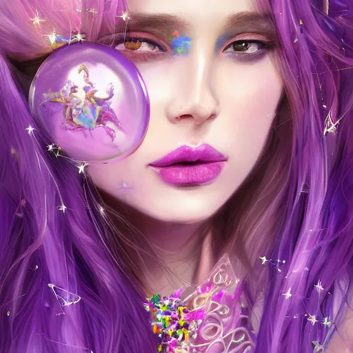 Image similar to A masterpiece portrait of a Incredibly beautiful. princess. Heroin chic beautiful Unicorn Fairy tale girl. The Candy Queen. Purple leather jacket. Candies in her hair. Pink background. medium shot, intricate, elegant, highly detailed. trending on artstation, digital art, by Stanley Artgerm Lau, WLOP, Rossdraws, James Jean, Andrei Riabovitchev, Marc Simonetti, Yoshitaka Amano