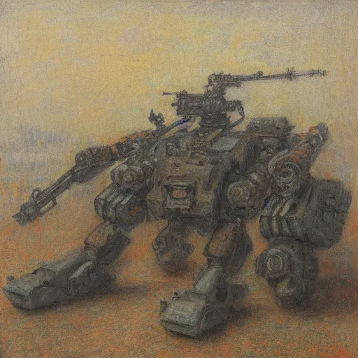 Image similar to Still life of a combat mech surrounded by its weapons, inspired by Henri Fantin-Latour