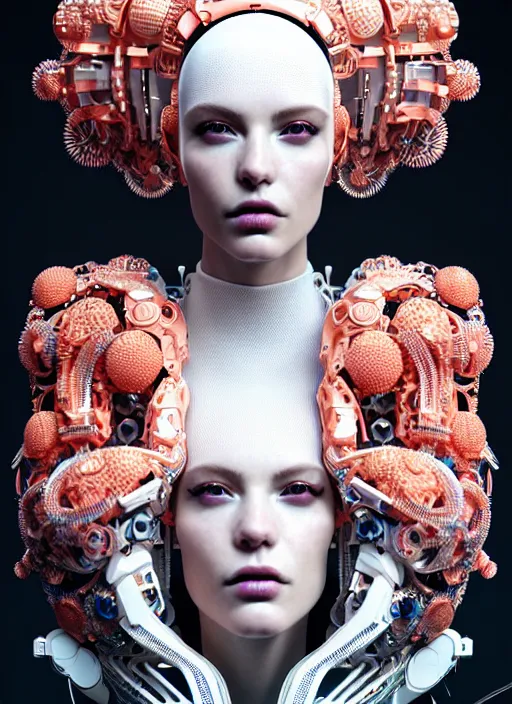 Image similar to portrait of an absurdly beautiful, graceful, sophisticated, fashionable cyberpunk mechanoid, hyperdetailed illustration by irakli nadar and alexandre ferra, intricate linework, white porcelain skin, faberge, coral headdress, unreal engine 5 highly rendered, global illumination, radiant light, detailed and intricate environment