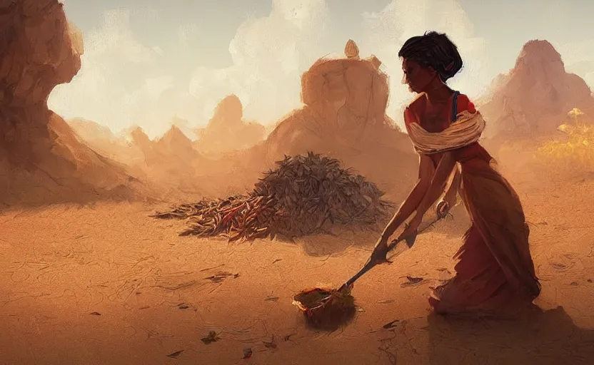 Image similar to A painting of a women harvesting spice in a desert trending on artstation in the style of Greg Rutkowski