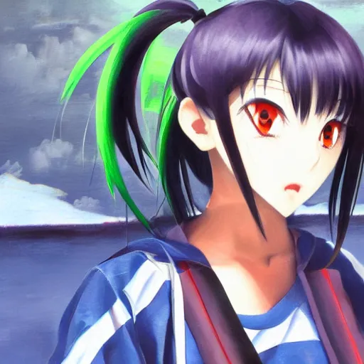 Image similar to rika furude from higurashi wearing techwear, oil on canvas