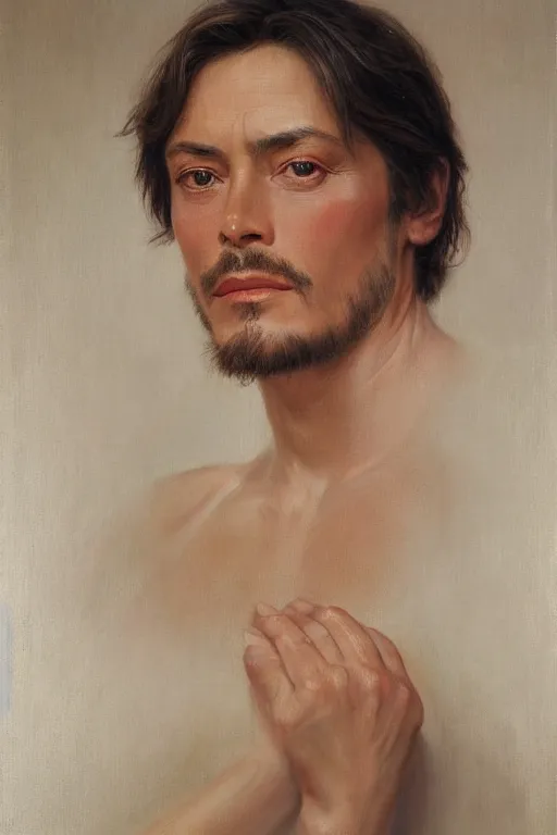 Image similar to portrait en buste alain delon by mark arian, by hughes merle, by pierre auguste cot, perfectly detailed eyes oil on canvas, masterpiece, realism,