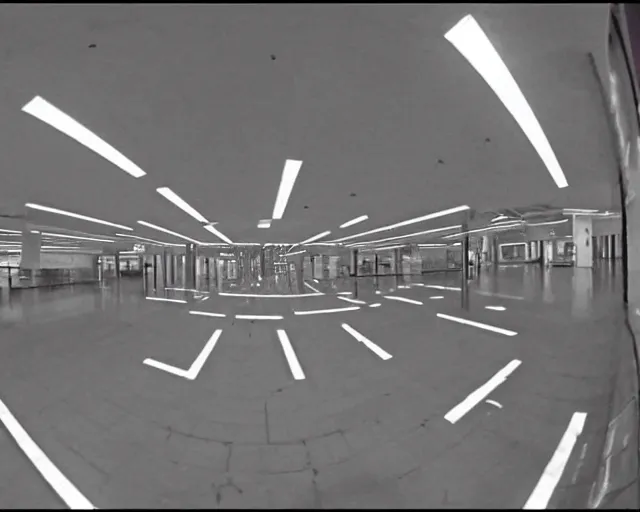 Prompt: camera footage of an abandoned shopping mall overtaken by spiders, high exposure, dark, monochrome, camera, grainy, CCTV, security camera footage, timestamp, zoomed in, fish-eye lense, spiders, webs