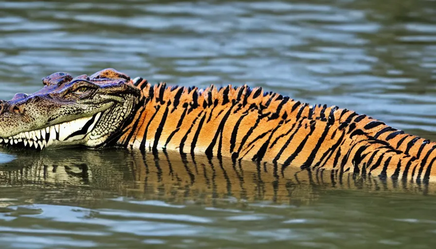 Image similar to an alligator tiger!!! hybrid! hyper realistic!! realistic lighting!! wildlife photographer of the year!!! bold natural colors, national geographic, hd, wide angle, 8 k