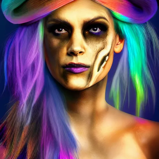Image similar to professional portrait of a pirate with her skin painted iridescent colors. She is Swashbuckling. Digital art. 8k