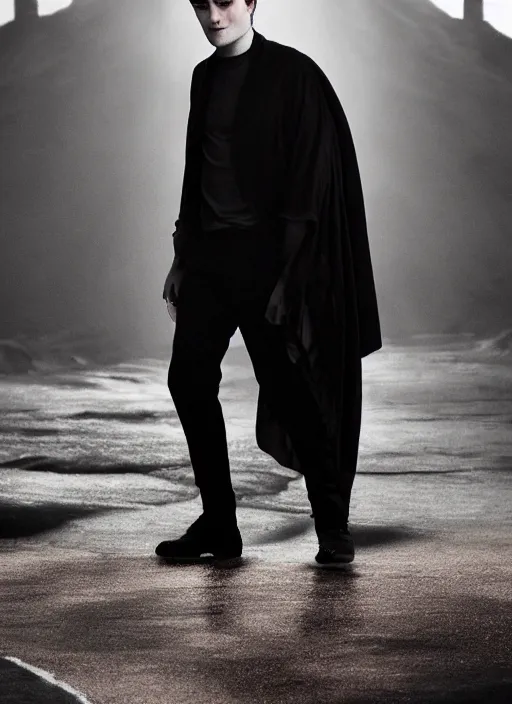 Image similar to well - shaven robert pattinson, black outfit, cape, in the style of robert pattinson, sandman, misty endless dream cinematic background, netflix sandman