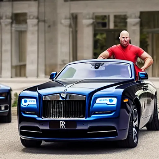 Image similar to rolls royce wraith with jet engine attached driven by muscular balding man