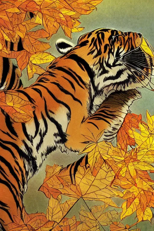 Image similar to a highly detailed cartoon cute tiger flapping a fan under sun, autumn leaves on the ground, concise lines, ultradetailed environment, sharp focus, cinematic lighting, by alphonse maria mucha and kim jung gi