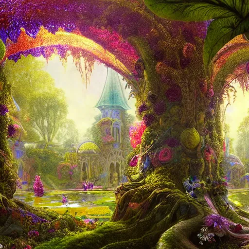 Prompt: a beautiful and highly detailed matte painting of a beautiful palace in a magical fantasy forest garden, colorful flowers, psychedelic patterns, epic scale, insanely complex, hyperdetailed, sharp focus, hyperrealism, artstation, cgsociety, 8 k, bright colors, by caspar friedrich, albert bierstadt, james gurney, brian froud,
