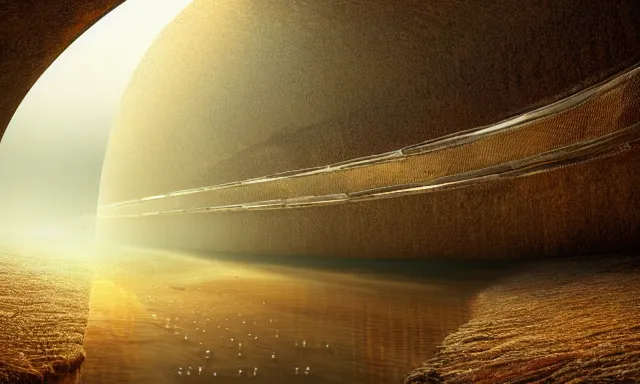 Image similar to beautiful picture of a magical vertical cylindrical tunnel made of big upside-down raindrops joining a dried up river with the sun, highly-detailed, fantastic, dramatic lighting, artstation, 4k