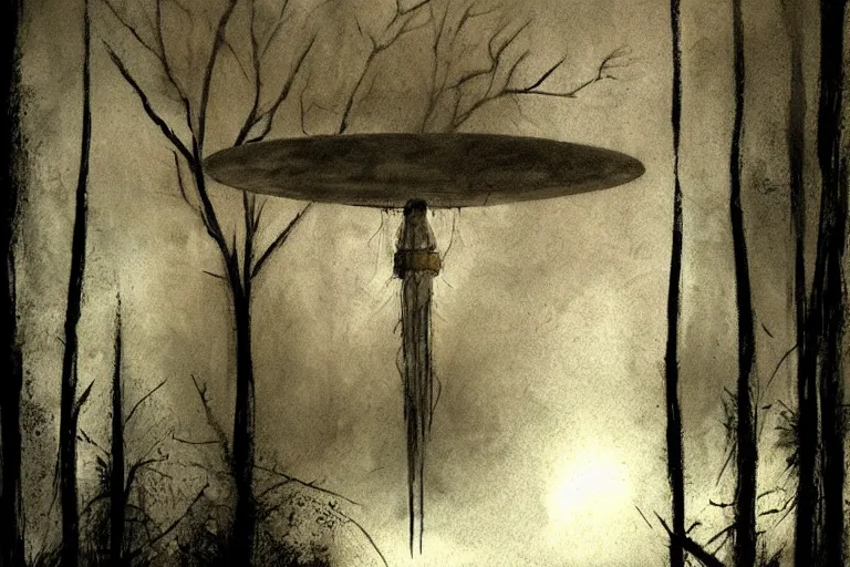 Image similar to UFO landing in a haunted the dark forest artwork by ben templesmith