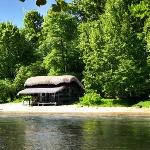 Prompt: A cottage on a river bank Surrounded by trees and mountains in the background and beach chairs and trees in the foreground and