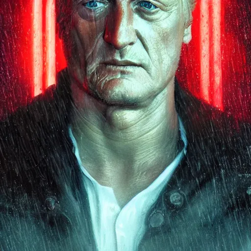 Prompt: cinematic portrait of rutger hauer in blade runner, neon rain, moody, elegant, by alyssa monks, highly detailed, symmetrical face, fine details, masterpiece, trending on artstation