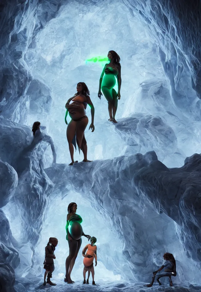 Image similar to epic leader pregnant woman talking to all her tribe with futuristic fluorescence mutant veins, proud people looking at the pregnant woman, ice cave, facinating, fantasy digital art, octane render, beautiful composition, trending on artstation, coherent, masterpiece