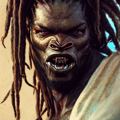 Prompt: A frontal portrait of The Predator with dreadlocks, by dreadjim, Greg Rutkowski, james gurney, epic scifi character art, Exquisite detail, post-processing, low angle view, masterpiece, cinematic
