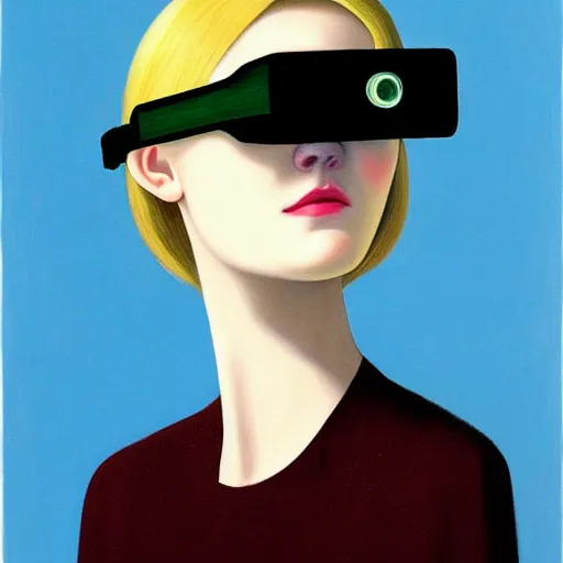 Image similar to Elle Fanning wearing night vision goggles detailed painting by rene magritte