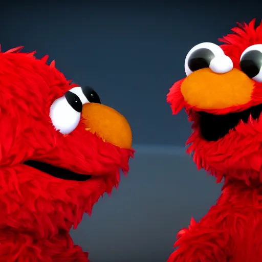 Image similar to elmo using a child as a hand puppet, playful scene, unreal engine, realistic, highly detailed fur, 8 k