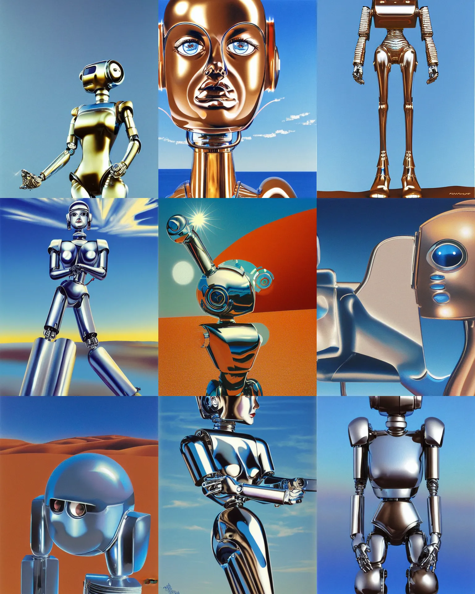 Prompt: chrome robot mary louise, chrome reflecting desert and blue sky, chrome bob haircut, airbrush art by hajime sorayama, 1 9 8 0 s