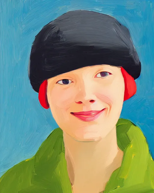 Prompt: portrait of a smiling young woman with red hat, short hair, light background, colorful, peaceful, by alex katz, close up