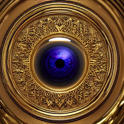 Prompt: The eye of god Rah, intricate, ornate, photorealistic, ultra detailed, gold, octane render, high definition, depth of field, bokeh, 8k, artstation