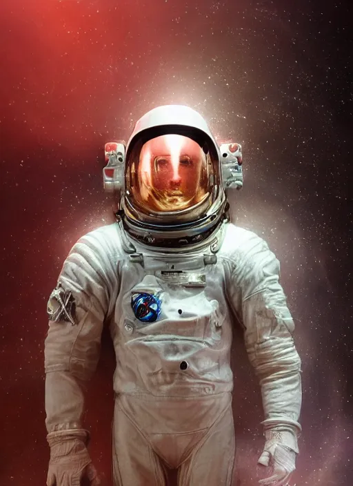 Image similar to concept art by craig mullins astronaut doing selfie in futuristic dark and empty spaceship underwater infrared selfie. infrared glowing lights. complex and hyperdetailed technical suit. reflection and dispersion materials. rays and dispersion of light. volumetric light. 5 0 mm, f / 3 2. noise film photo. flash photography. unreal engine 4, octane render. interstellar movie art