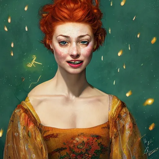 Image similar to a totally amazed smiling anastasia ivanova surrounded by golden firefly lights in a mesmerizing scene, fully covering intricate detailed bohemian outfit, red hair, precise linework, accurate green eyes, small nose with freckles, beautiful smooth oval head, expressive emotions, hyper realistic ultrafine portrait by artemisia gentileschi, jessica rossier, greg rutkowski, artgerm