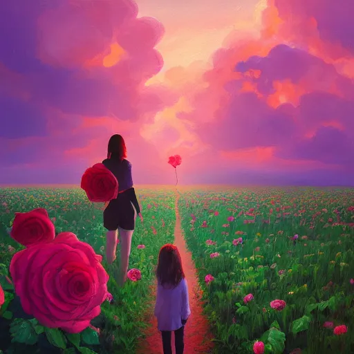 Prompt: giant rose as a head, girl walking in a flower field, surreal photography, sunrise dramatic light, impressionist painting, colorful clouds, digital painting, artstation, simon stalenhag