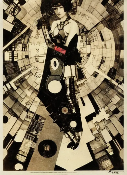 Image similar to cute punk goth fashion fractal mecha girl wearing a television tube helmet and kimono made of circuits and leds, surreal Dada collage by Man Ray Kurt Schwitters Hannah Höch Alphonse Mucha Beeple