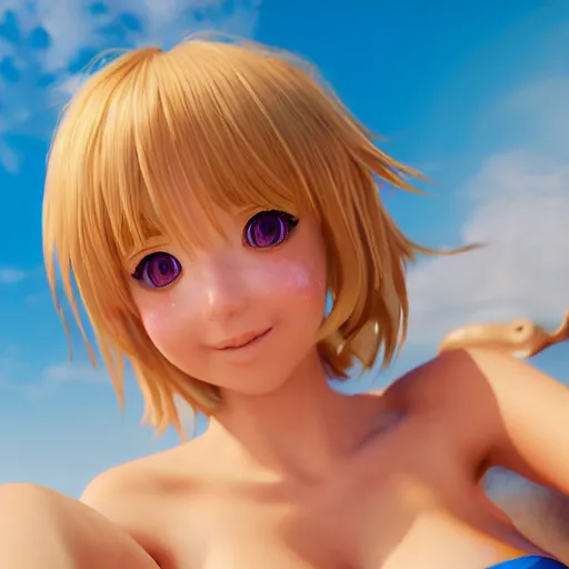 Image similar to Render of a very beautiful 3d anime girl, short blond hair, hazel eyes, cute freckles, full round face, short smile, bikini, golden hour, serene beach setting, medium shot, mid-shot, highly detailed, trending on Artstation, Unreal Engine 4k