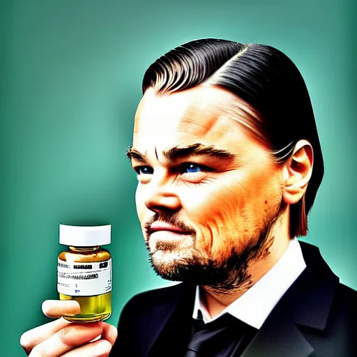 Image similar to detailed studio portrait of leoanrdo dicaprio holding tiny jar of tincture. watching ar camera. studio light, polished look, solid background, ad, fashion photography, by pierpaolo ferrari and maurizio cattelan, 3 5 mm photograph, david lachapelle, canon eos c 3 0 0, 8 k