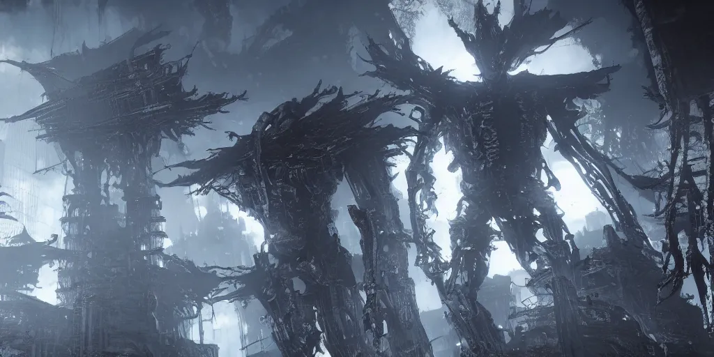 Image similar to grimdark tsutomu nihei blame biomega gothic architecture, unreal engine, 8 k, ultra realistic, ultra detail