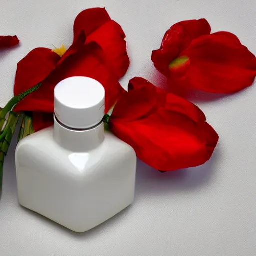 Image similar to perfume bottle sitting on a white surface surrounded by a plethora of red and white flowers, bright white realistic, up close shot, white background, zen, light, modern minimalist f 2 0