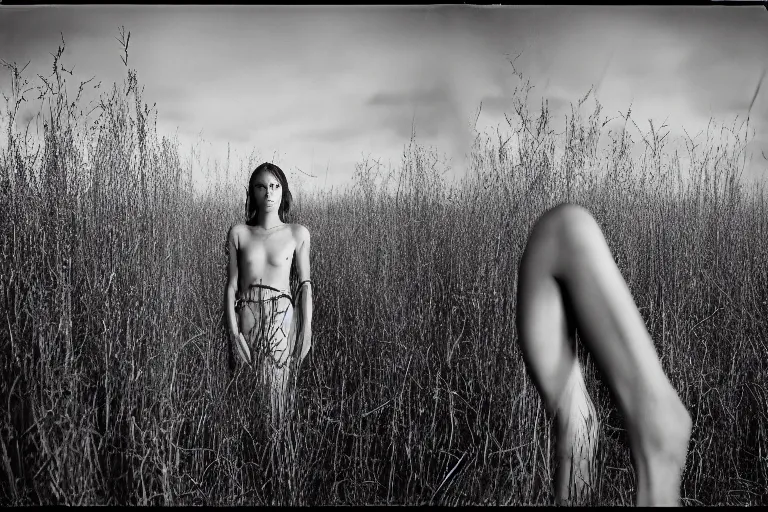 Prompt: model with detailed clear face alone in a field, a high contrast hyper detailed black and white studio portrait photo, shot in area x from the movie annihilation, by beau brashares, pinhole photography
