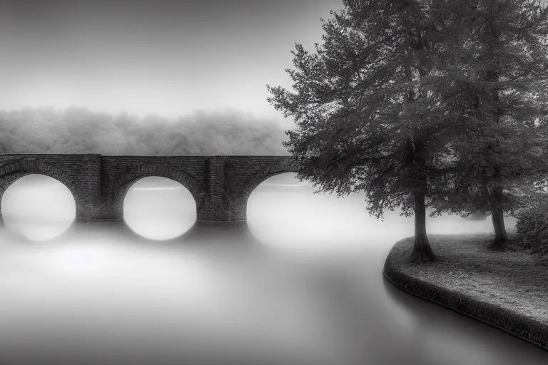 Image similar to masterpiece monochromatic lomography landscape of ( pont saint ambroix ), ambrussum, cinematic lights, 8 k, long exposure, fog in the background, soft blue tones, artstation, deviantart