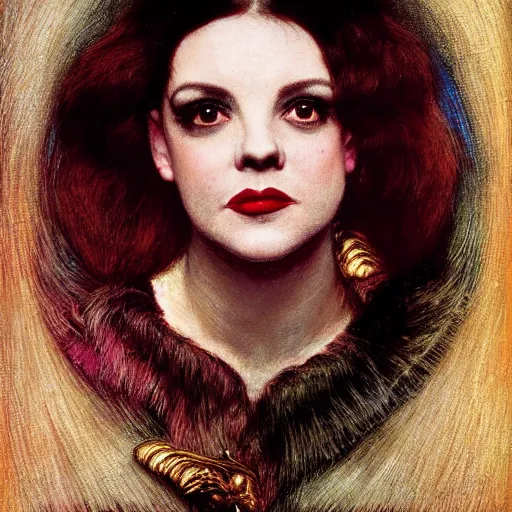 Prompt: portrait of a hybrid of a hybrid of judy garland and lady gaga and a hybrid of judy garland and christina ricci, with a brown fringe, holman hunt, john william waterhouse, kilian eng, rosetti, john everett millais, william holman hunt, 4 k